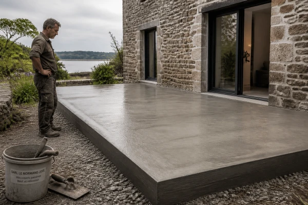 Construction terrasse béton avec finition lissée Herbignac